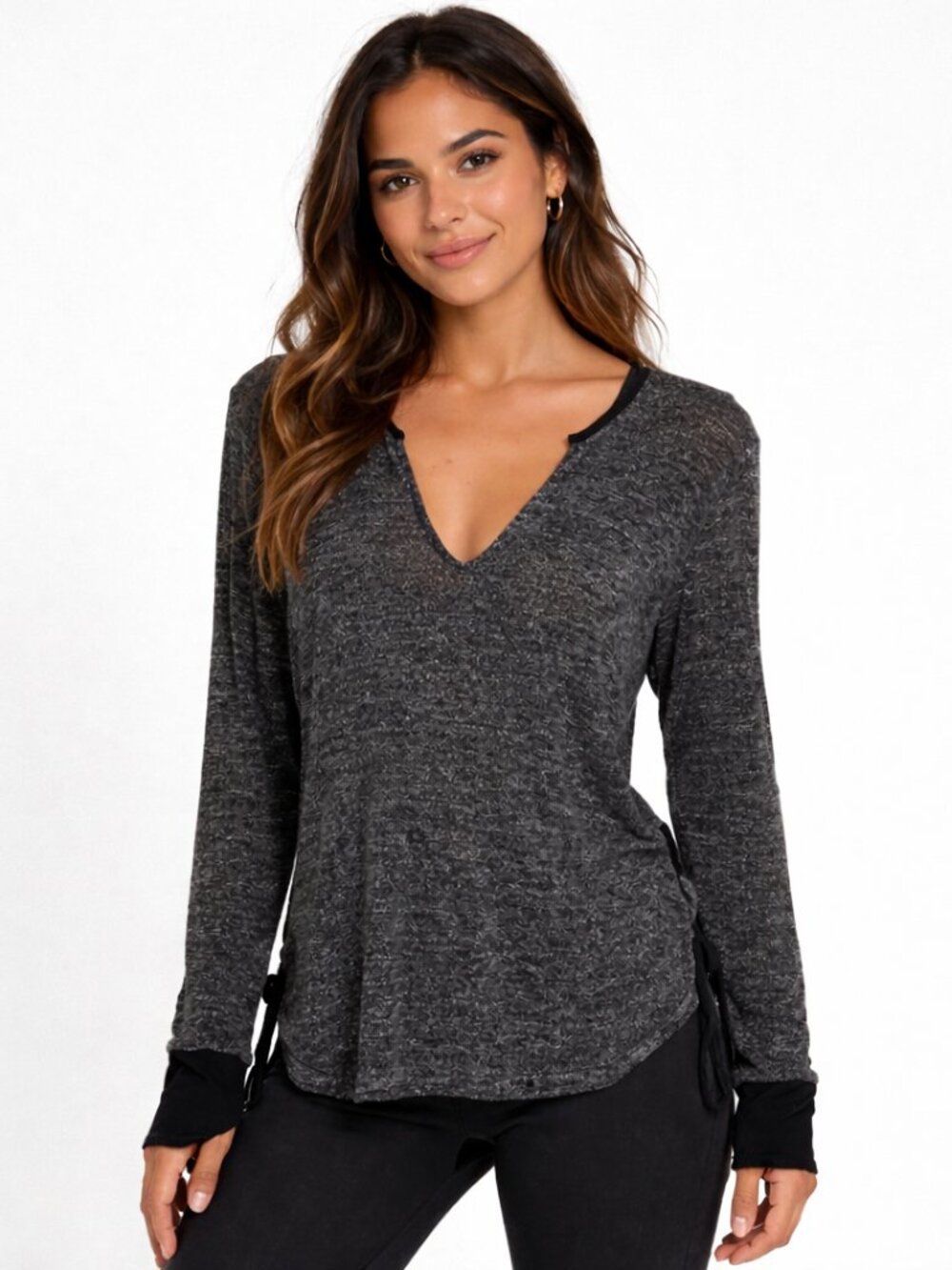 Hard Tail Long Slv Marled Side Lace-Up V-Neck Top NWOT Gift Fall Spring Winter
